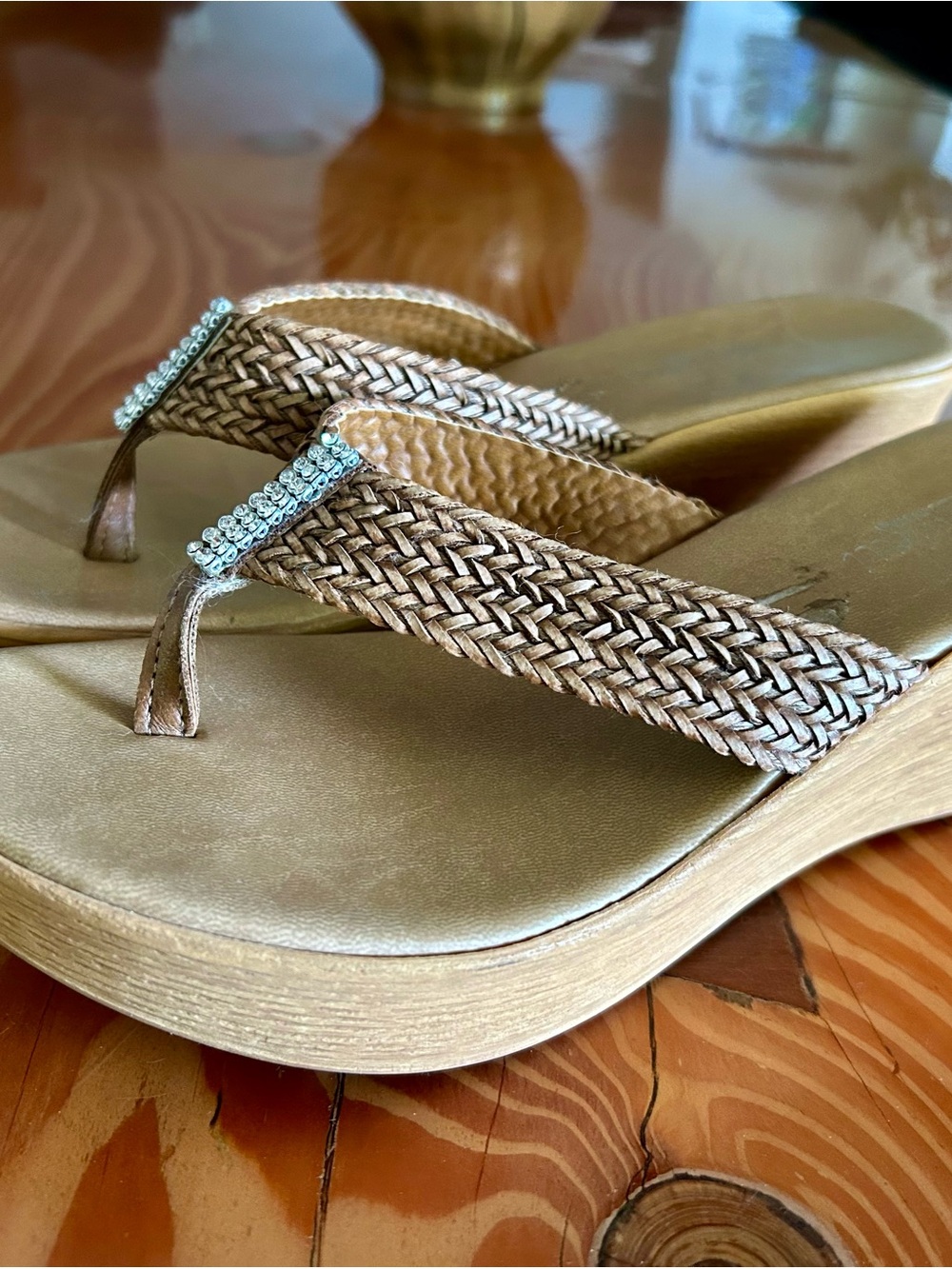 Woven Wedge Thong Sandals with Rhinestone detail - Women